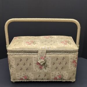 VGT,Cream,Floral,Woven Handle Sewing Basket.